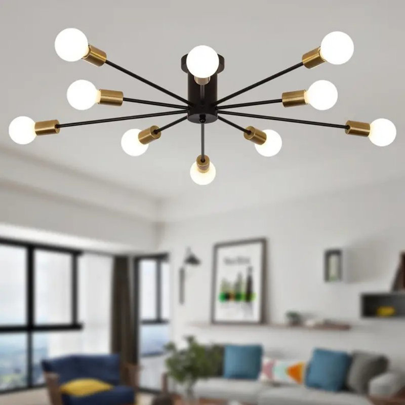 Modern Sputnik Ceiling Light, 10-Light Mid Century Sputnik Chandelier Industrial Semi Flush Mount Ceiling Light Fixture for Living Room Kitchen Bedroom Farmhouse Dining Room(Black+Gold)