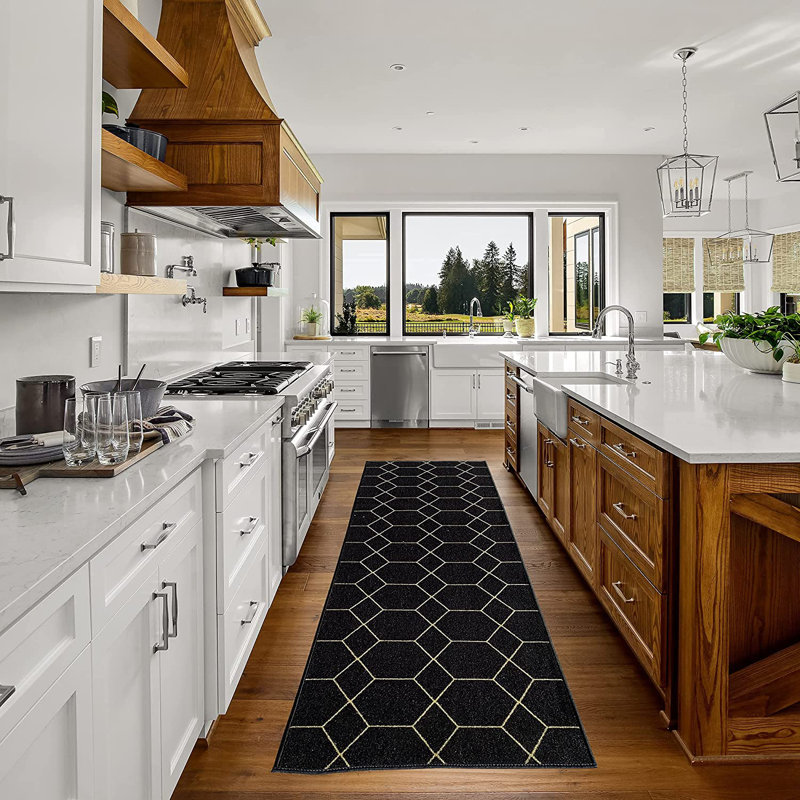 Custom Size Runner Rug Choose Your Length Hexagon Trellis Design Blackcolor, Runner 2'7" x 12'