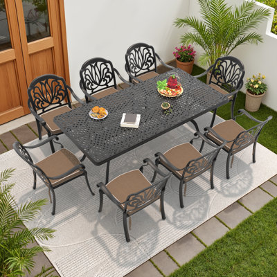 Ensemble de table de salle à manger rectangulaire en aluminium moulé avec trou de parasol et coussins bruns L 41,34 po L 82,68 po Northway
