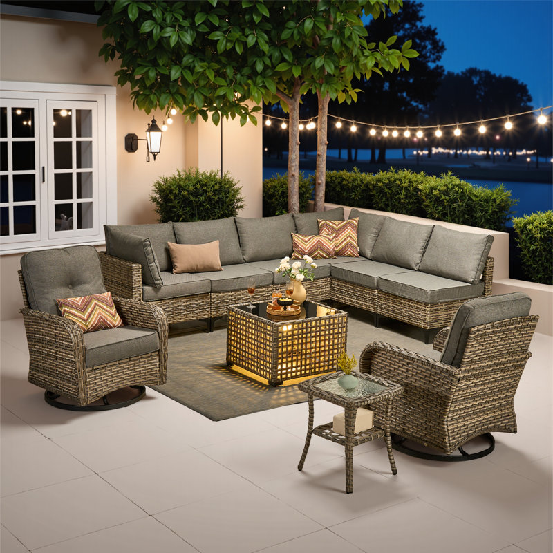 Emroy 8 - Person Wicker/Rattan Sectional Seating Group with Lighted Coffee Table and Swivel Chairs, All Weather Modular Outdoor Conversation Set with Cushions