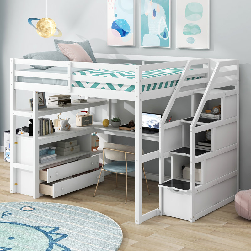  Lit mezzanine double avec bureau, tablettes de présentation, deux compartiments de rangement et escalier, blanc, Blanc