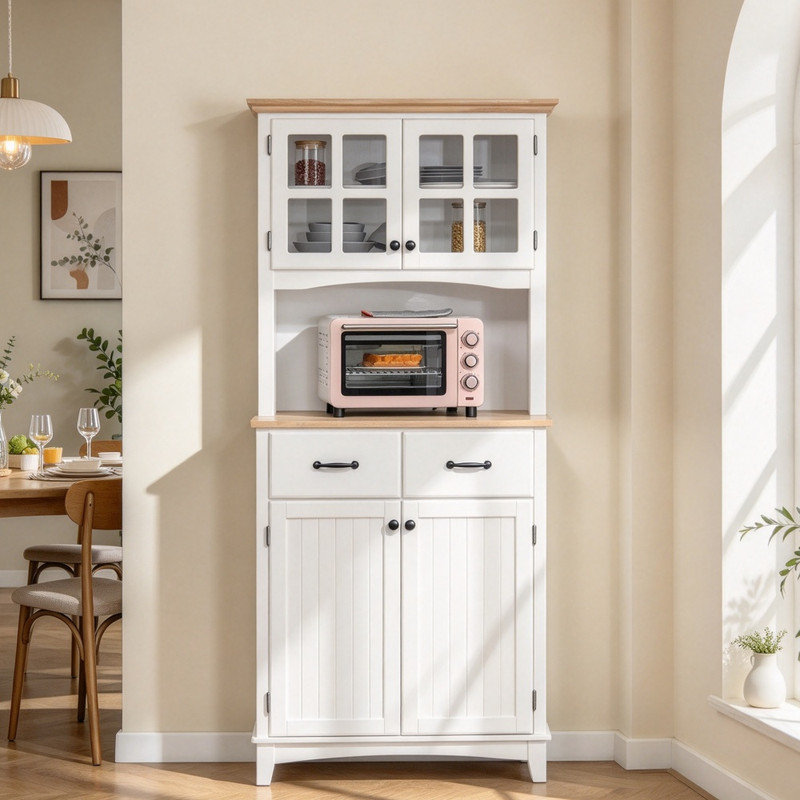 Natural Wood Walnut Look High-Quality Sideboard, 174.5cm Tall Kitchen Cabinet with Rattan Accent and Glass Sliding Doors for Multi-Room Home Storage