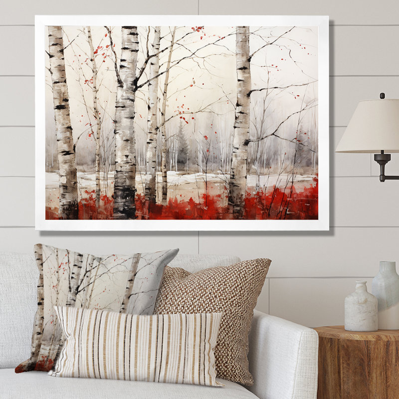 Impressions sur toile de bouleau blanc et rouge en hiver II, Cadre simple blanc, H 16 po x l 32 po x P 1 po
