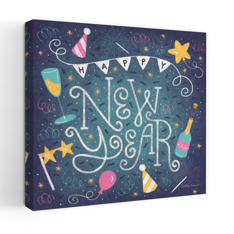 Art contemporain «Happy New Year» avec ballons, H 36 po x l 36 po