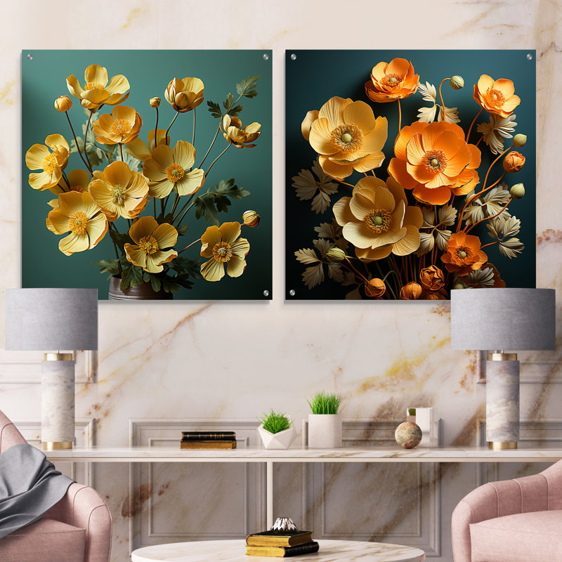 «Yellow Buttercups Realistic Radiance» - Ensemble de 2 art mural en verre acrylique, H 16 po x l 33 po