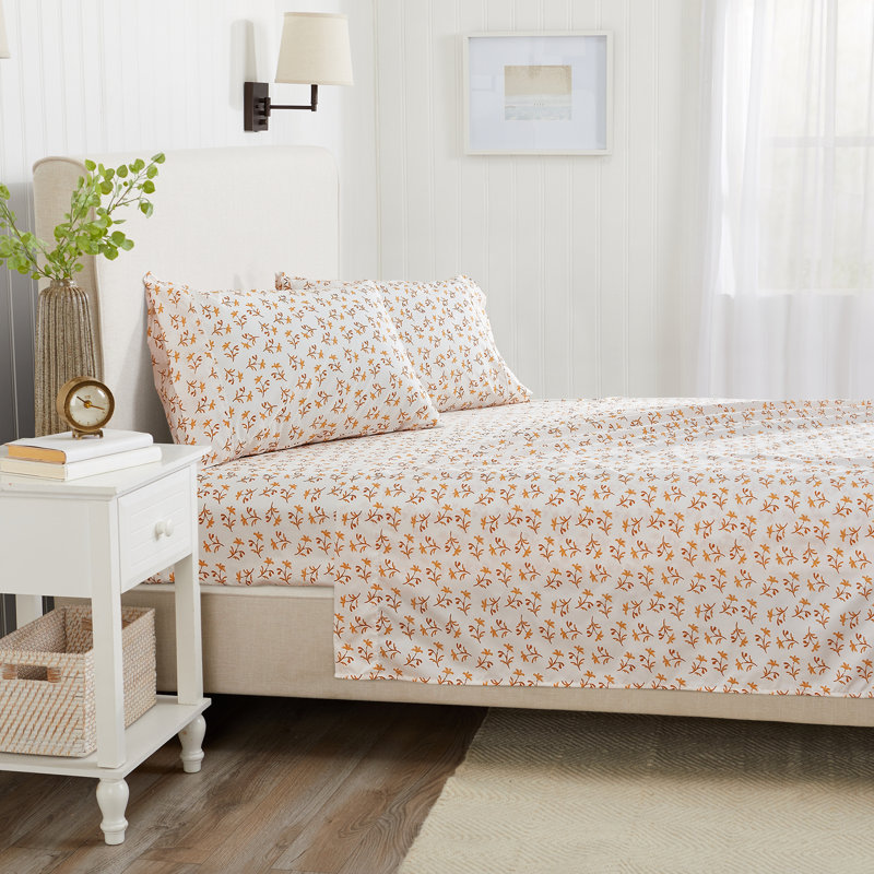 Twin Size White and Orange Floral Microfiber Sheet Set