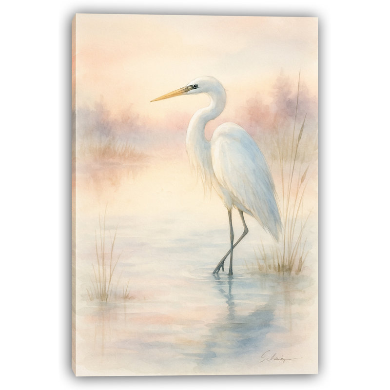 Toile tendue Blush Horizon: Aigrette dans les eaux douces du lever du soleil, H 40 po x l 30 po