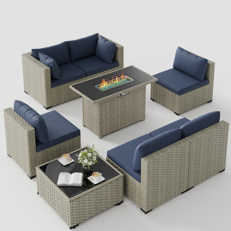 7 Pieces Design-Oriented Rattan Patio Conversation Sets With Fire Pit, Navy