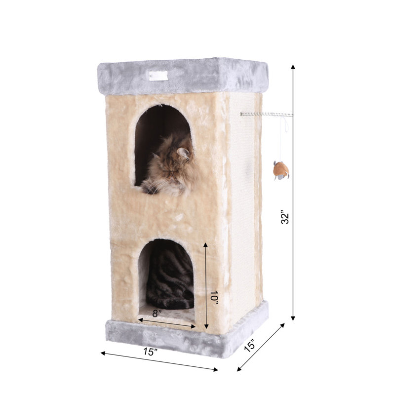 Beige Faux Fur and Sisal Freestanding Cat Tree with Double Condo