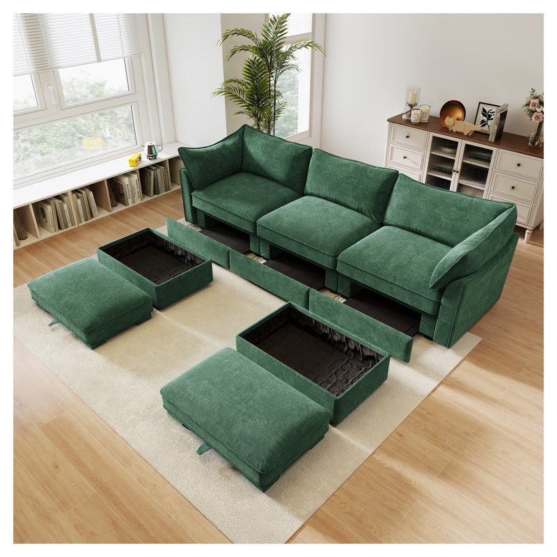 Canapé modulaire en U vert chenille modulaire avec sièges profonds, tiroirs de rangement cachés et repose-pieds mobiles