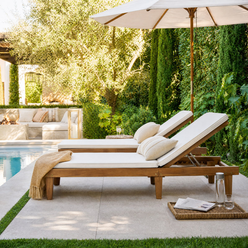 Morell Outdoor Acacia Wood Chaise Lounge Set with Table , Cushion Included, Cream, Teak