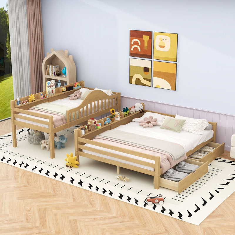 Lit superposé en bois avec étagères, barrières de sécurité incurvées et tiroirs de rangement, Twin Extra Long Over Queen