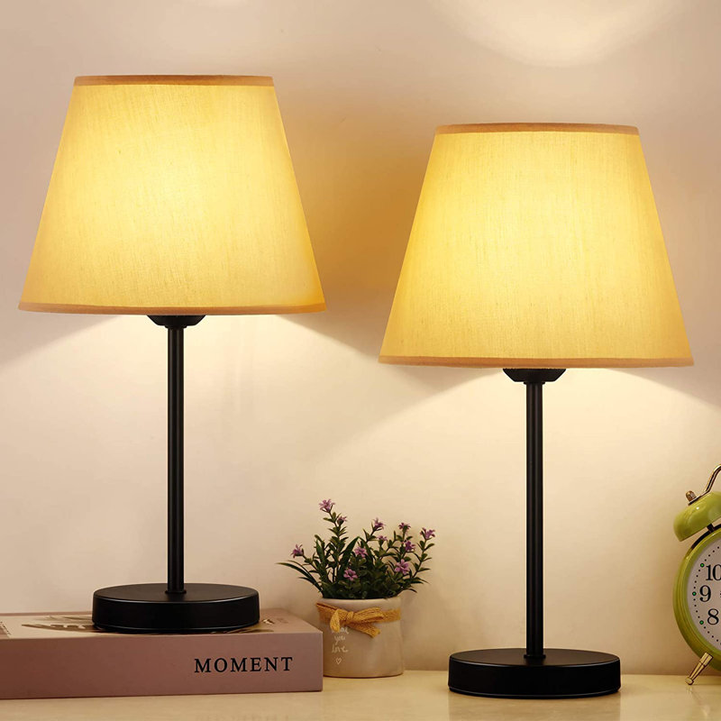 Lampe de table de chevet moderne 2 pièces avec abat-jour en lin blanc, Brun