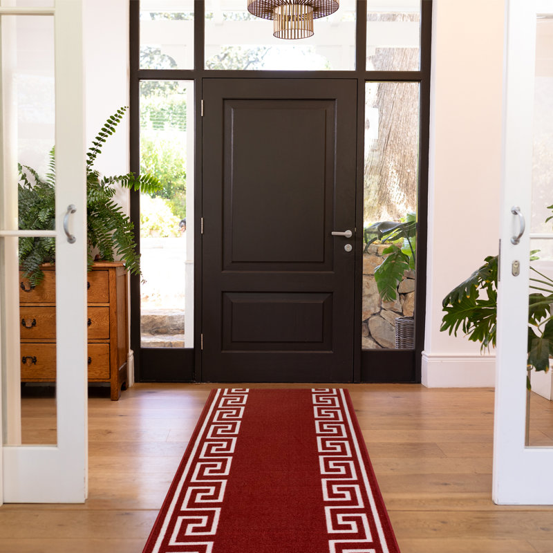 Tapis rouge / blanc touffeté à motif géométrique Shadowbrook, Tapis de couloir 2 pi 2 po x 9 pi