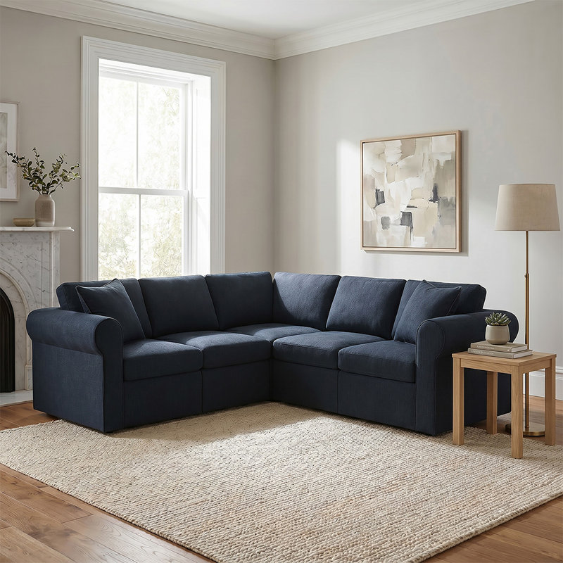 Lockheart 5PC L Shaped Roll Arm Modular Upholstered Corner Sectional Blue, Blue Polyester
