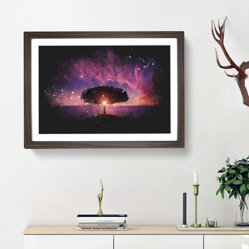 Lone Tree Beneath a Purple Sunset - Picture Frame Graphic Art Print, 62cm H x 87cm W x 2cm D, Walnut Framed