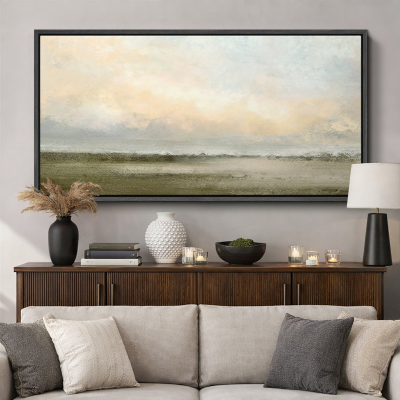 Muted Green Sunrise French Country Landscape Rustic Neutral Large Framed Canvas Print Wall Art Work, Floater Framed Print