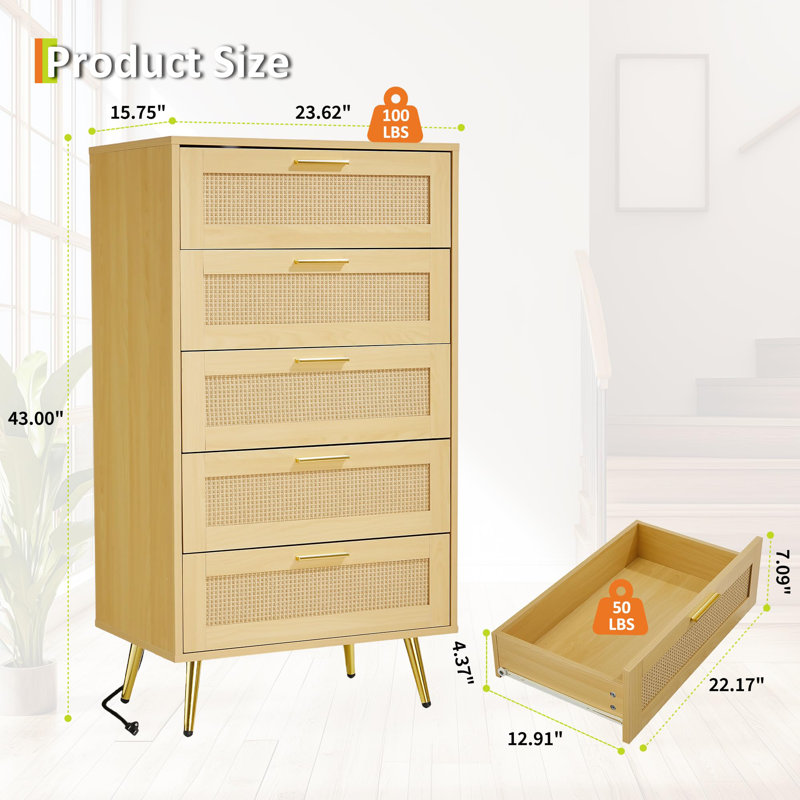 Commode moderne à 5 tiroirs avec poignées en métal et pieds évasés Modern
