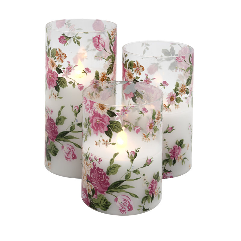 Hurricanes en verre à piles avec motif floral - 3 pièces, Floral