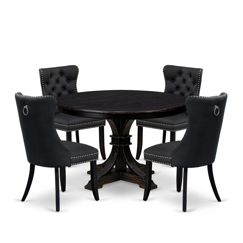 Ensemble de salle à manger 5 pièces avec similicuir 4 chaises de salle à manger rembourrées gris foncé, dossier capitonné et table de petit déjeuner ronde de 48 po au fini noir sablé.