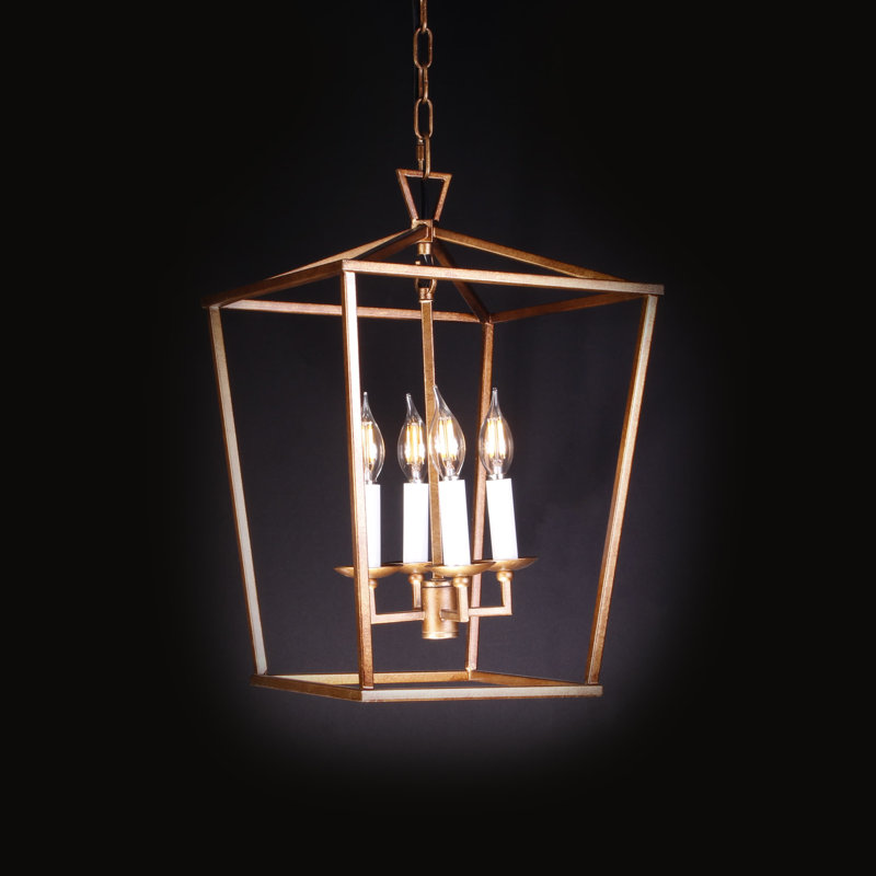 Luminaire suspendu géométrique 4 lumières lanternes Lamson, Fer doré