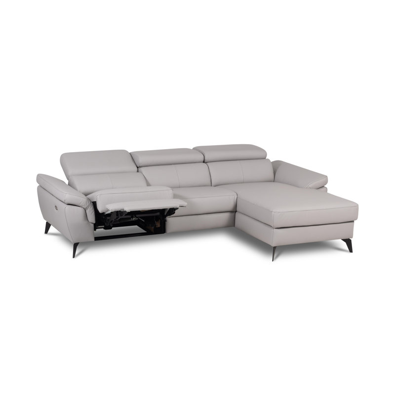 Milton Keynes Italian Leather Electric Reclining Corner Sofa with Adjustable Headrests and Adjustable Armrests, Light Grey