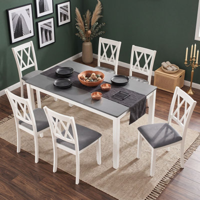 Ensemble de salle à manger en bois 7 pièces avec 6 chaises rembourrées en lin