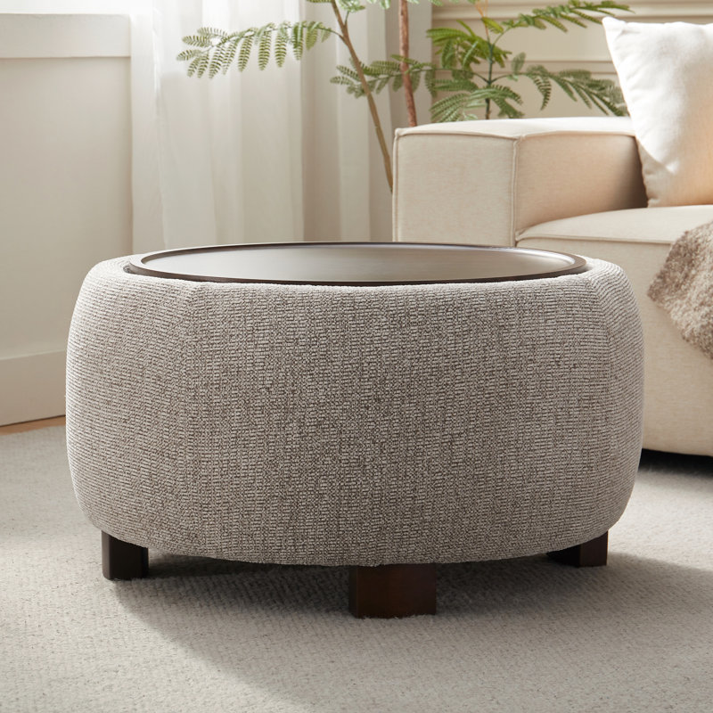 Upholstered Round Storage Ottoman with Wooden Tray, Brown