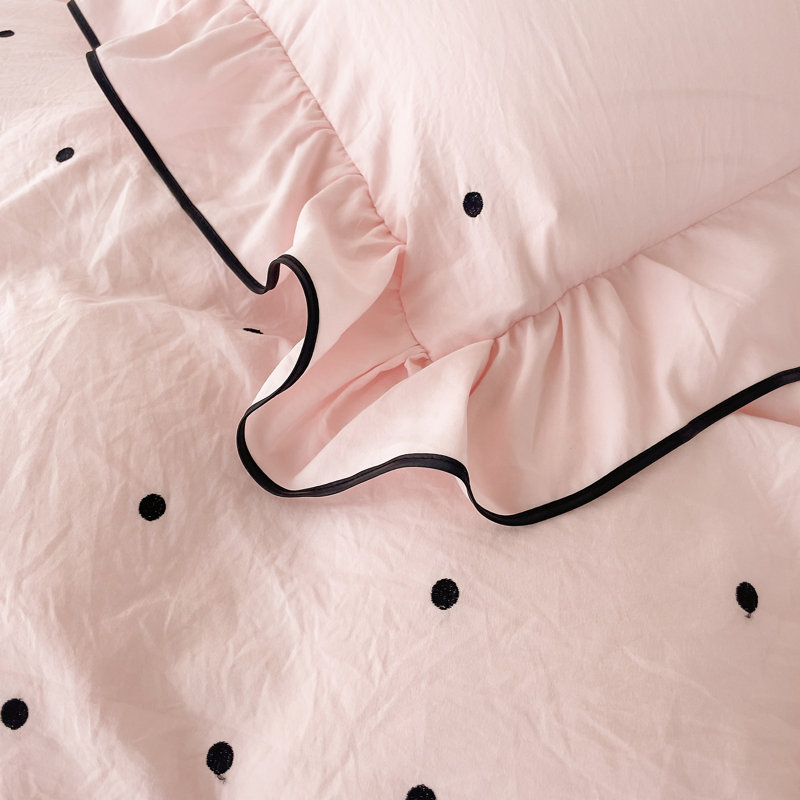 Cute Polka Dot Ruffles Microfiber Duvet Cover Set, King Duvet Cover + 2 King Pillowcases, Pink