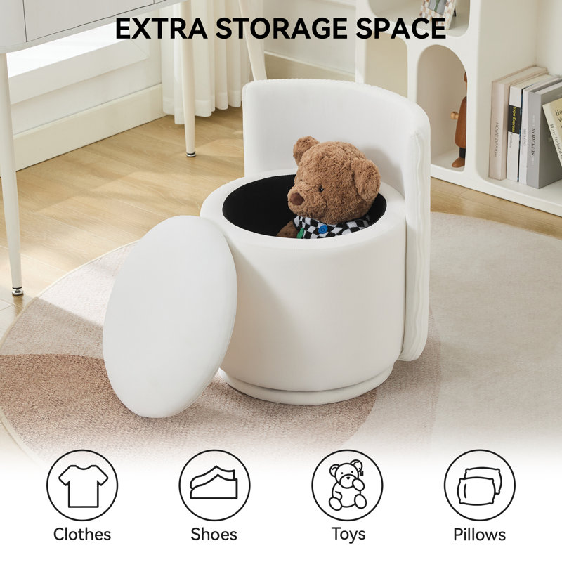 Upholstered Swivel Barrel Chair With Storage, White Velvet, Regular