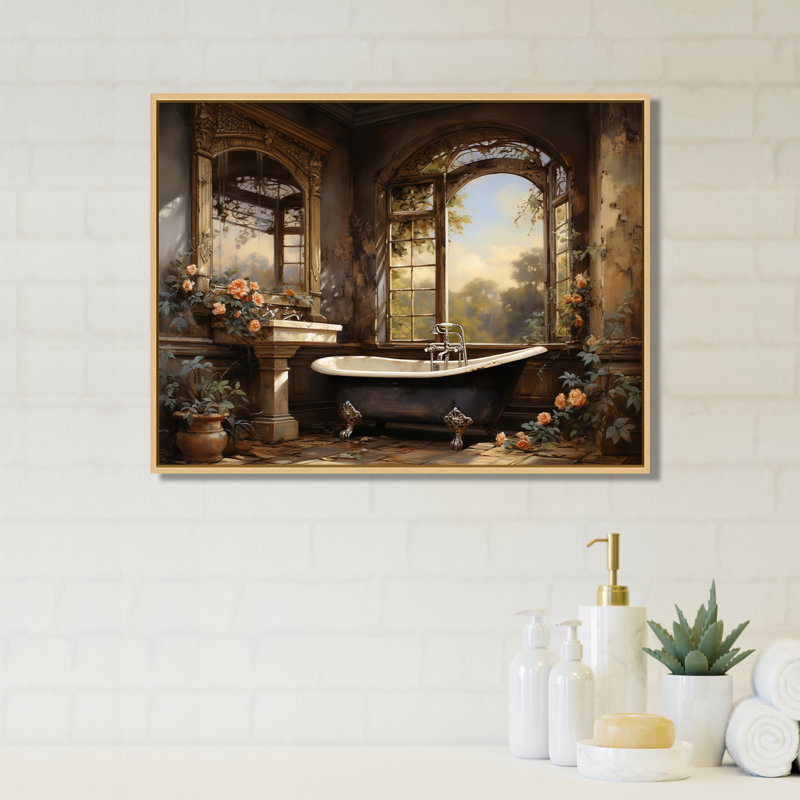 «Bathroom Vintage Elegance I» - Art mural de salle de bain, H 12 po x l 20 po x P 1 po, Cadre flottant érable