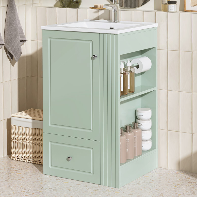 Meuble-lavabo autoportant avec lavabo, armoire de rangement avec tiroir à fermeture en douceur, tablettes latérales ouvertes