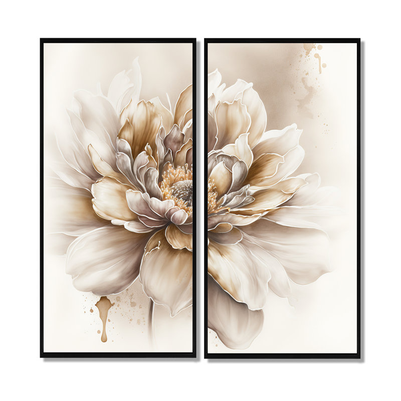 Blooming Beige Floral Design V - Art mural traditionnel 2 pièces, H 40 po x l 40 po, Reproduction encadrée sans passe-partout