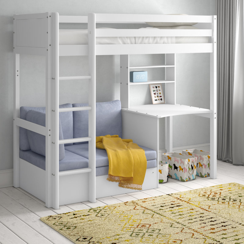 Solorzano European Single (90 x 200cm) High Sleeper Loft Bed Bed with Bookcase, White, Silver