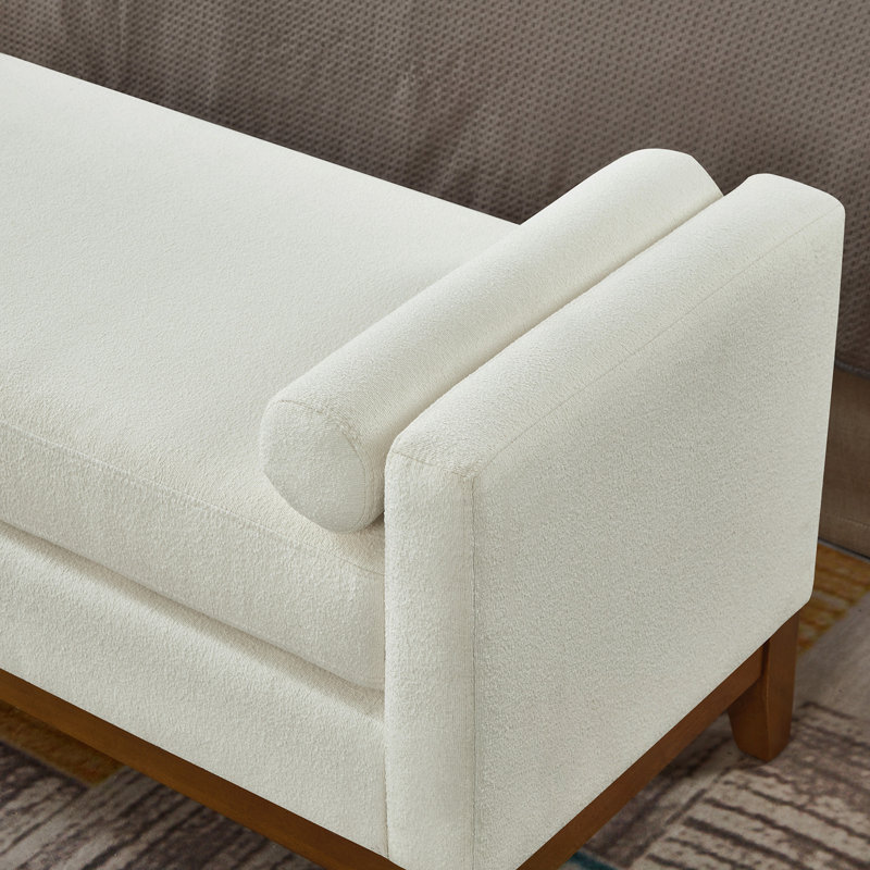 Boucle Fabric Bench with Armrest and Pillows, Beige