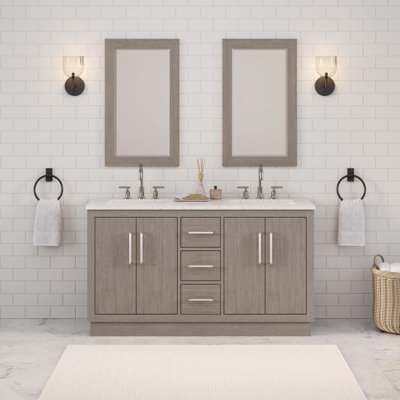 Hunner 60" Carrara White Marble Countertop Bath Vanity in Gray Oak with Faucet