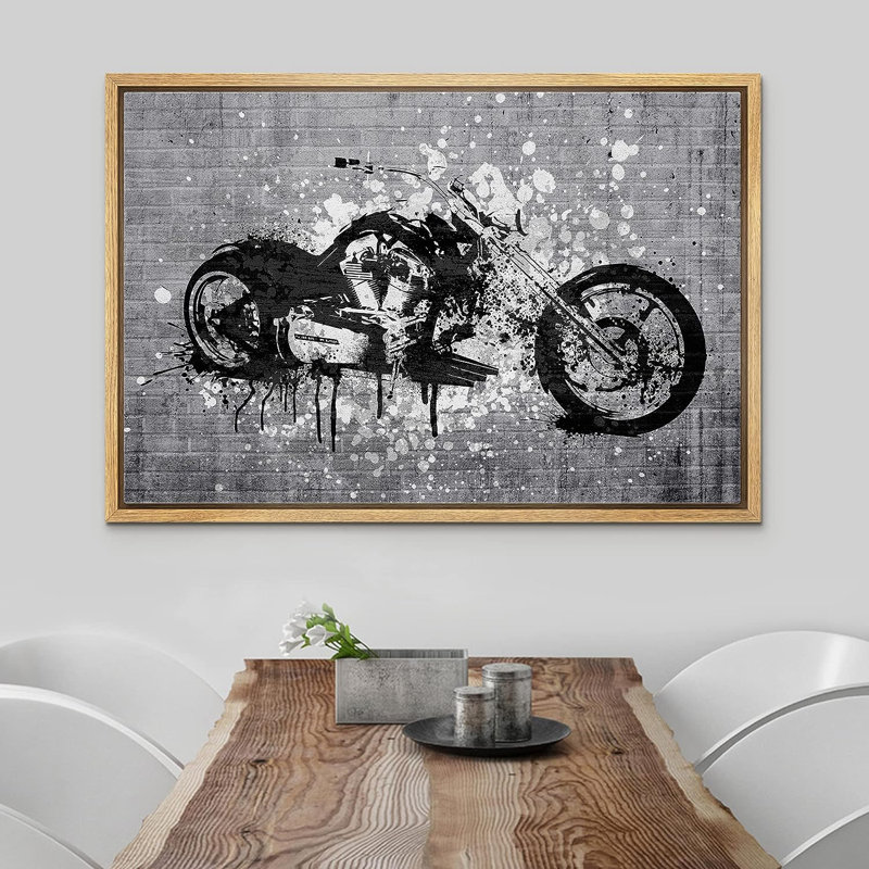 Pop Urban Street " Spray Paint Black And White Brick Wall Motorcycle ", 24" H x 36" W x 1.5" D, Natural Floater Framed