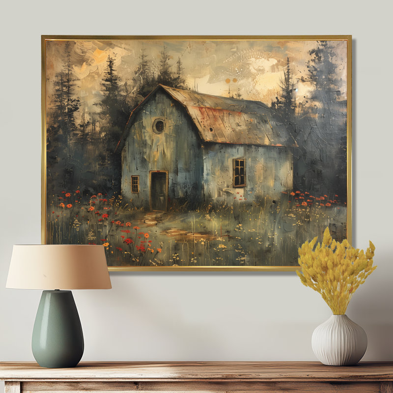 Gris, gris, hiver, chalet champêtre, H 30 po x l 40 po x P 1,5 po, Toile avec cadre flottant or