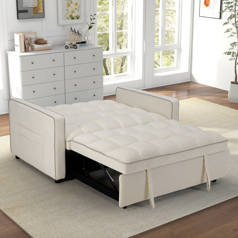 Canapé-lit convertible en microsuède de 53,1 po de largeur avec dossier inclinable et poche latérale, White Microfiber