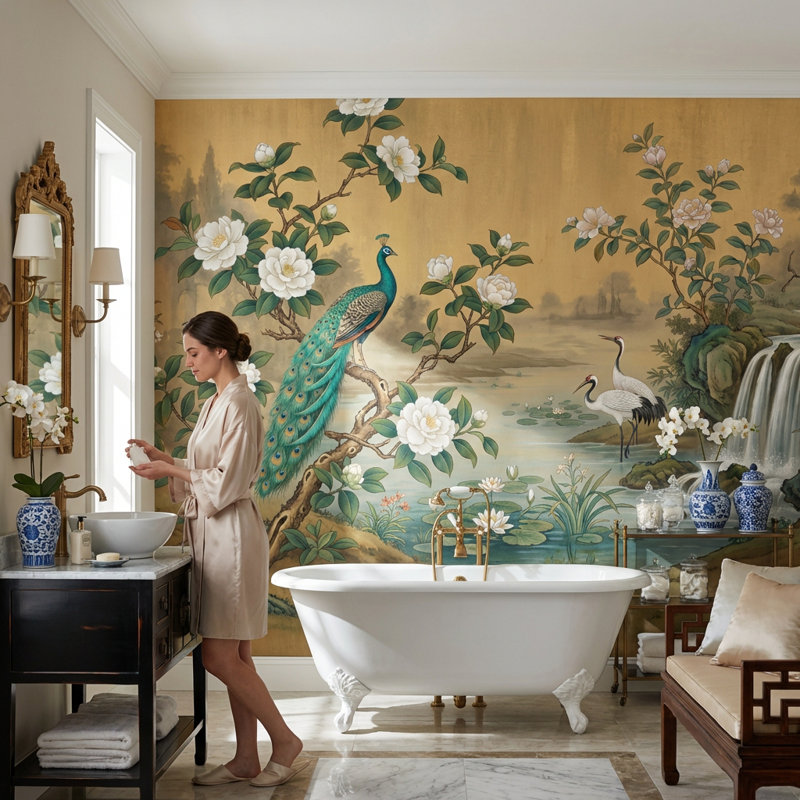 Murale cascade de papier peint paon, 160 po x 108 po, Peler et coller