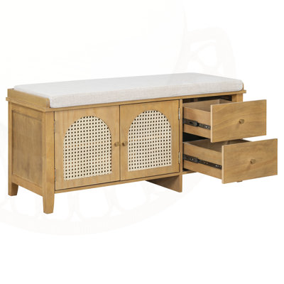 Timeless Arched Rattan Shoe Bench with Cushion and Gold-Plated Handles, Durable Storage for Entryways and Living Rooms