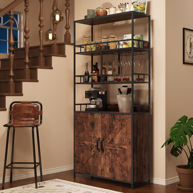 70.8" Bar Cabinet With Goblet Holder 5 Tier Bakers Rack With Cabinet Large Baker Rack