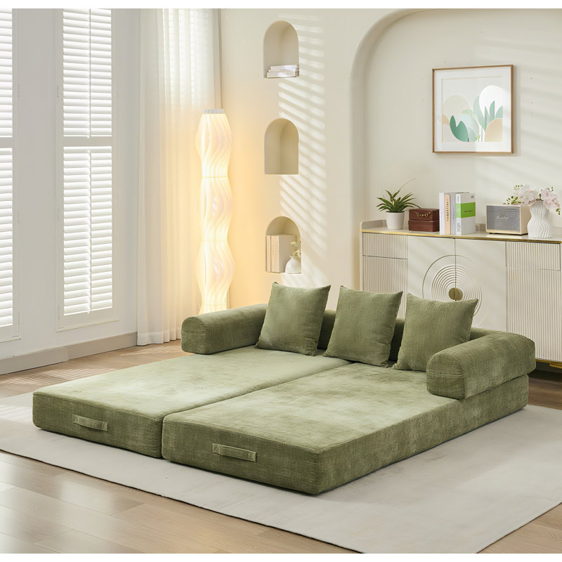 78.8" W Convertible Folding Mattress Sofa, Chenille Floor Sofa Bed, Green