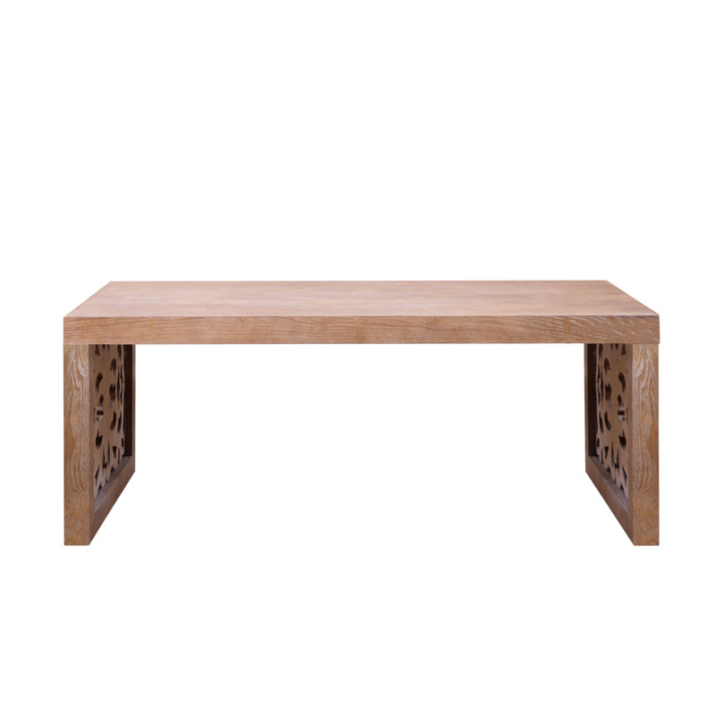Table basse 47,2 "en bois massif sculpté - aspect fabriqué à la main avec panneaux latéraux ornés, Naturel, Naturel