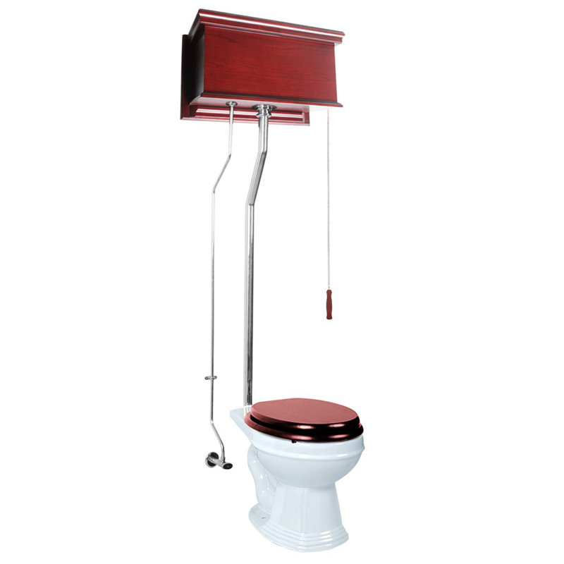 The Renovators Supply High Tank Pull Chain Toilet with Wooden Finish (Seat Not Included), Antique Cherry/Silver