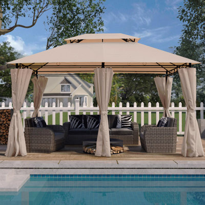 13X10FT Gazebo, Mosquito Net For Outdoor Use With Double Vented Roof (KHAKI Top)