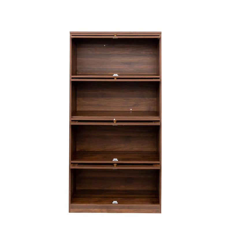 Bookcase Contemporary Closed Back Glass Doors Office Storage Cabinet,Sideboard,Bookcase,Book Shelf, Walnut Brown