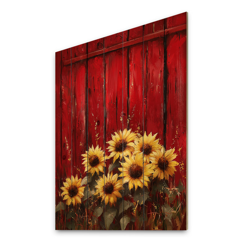 Sunflowers And The Red Barn I - Sunflowers Wood Print - On Natural Pine Wood, 44" H x 34" W x 0.78" D