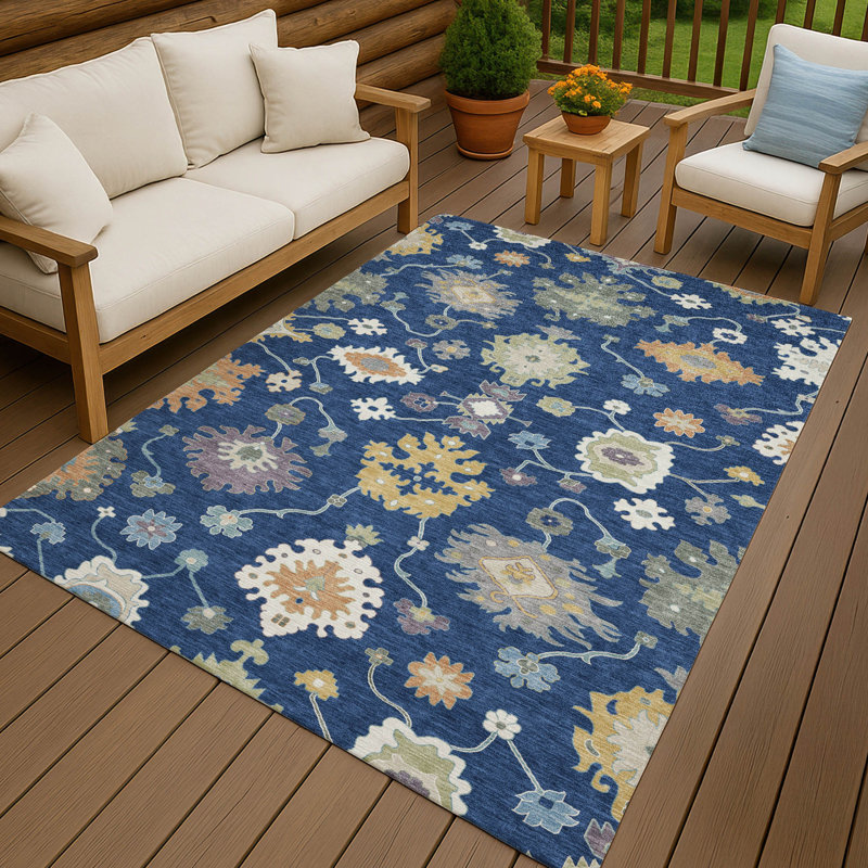 Machine Washable Indoor/Outdoor Chantille ACN2532 Traditional Rug, Navy, Rectangle 5' x 7'6"