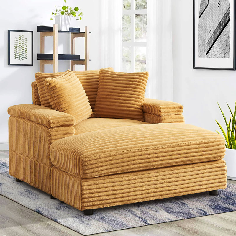 Chaise longue rembourrée Rodson, Velours côtelé jaune